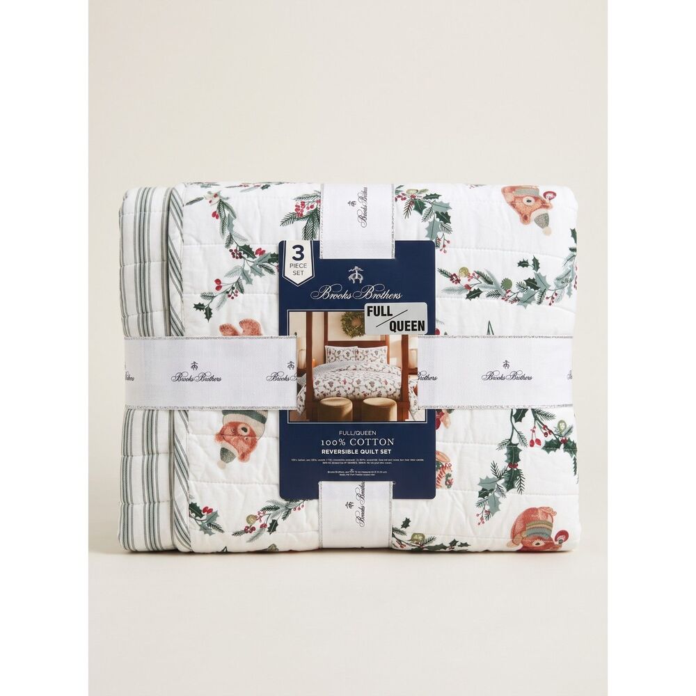 Brooks Brothers Christmas Reversible Quilt Set Full Queen 100% Cotton Bears NWT